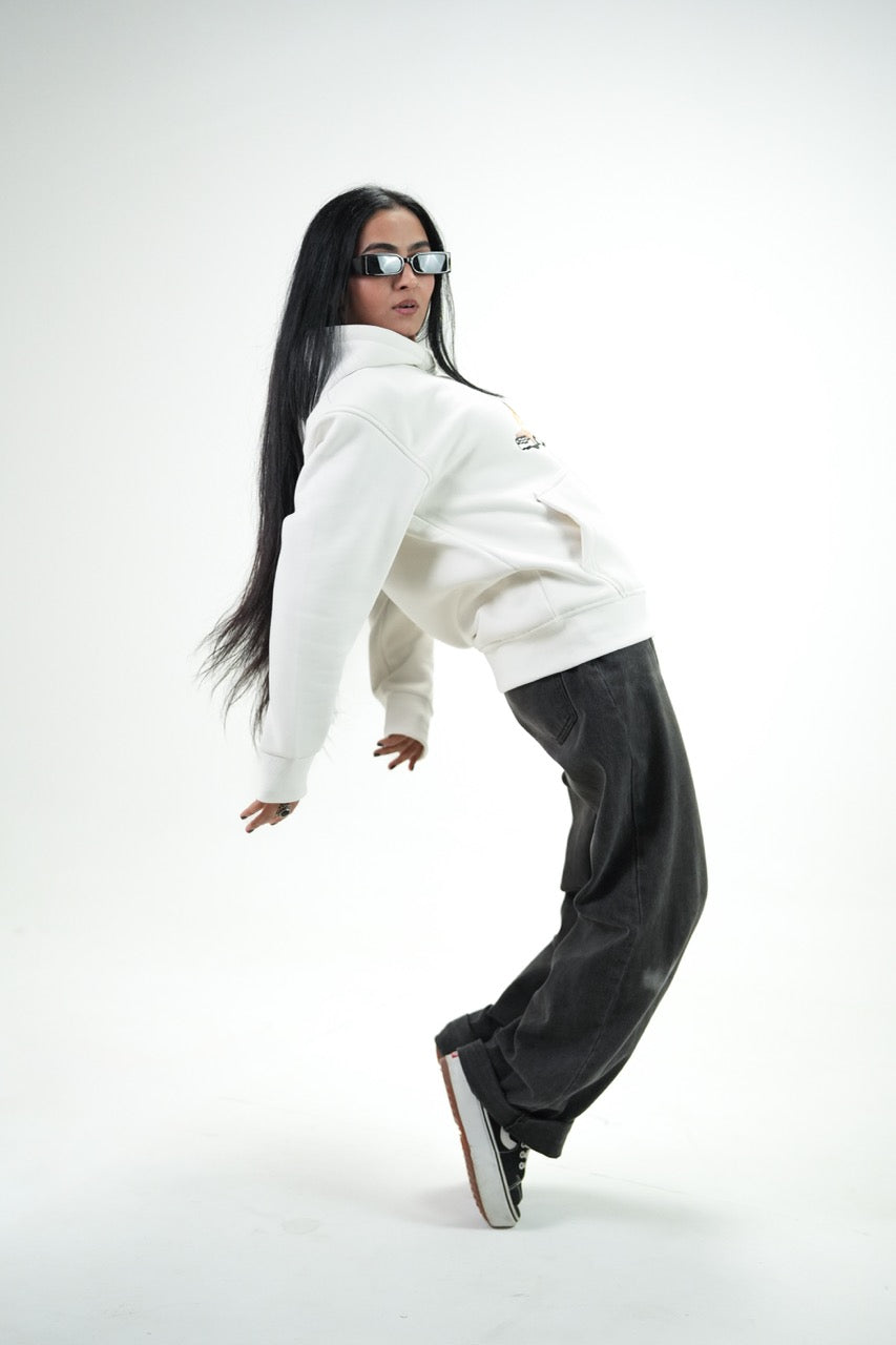 White Car Oversized Hoodie Embroidery