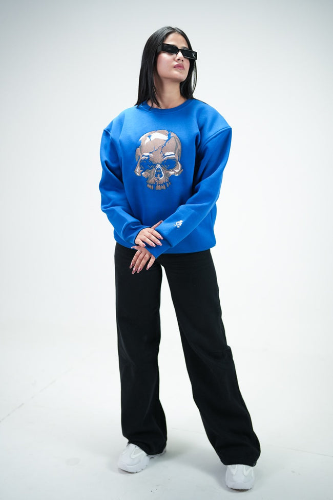 Blue Skull Oversized Sweatshirt Embroidery Hover Image